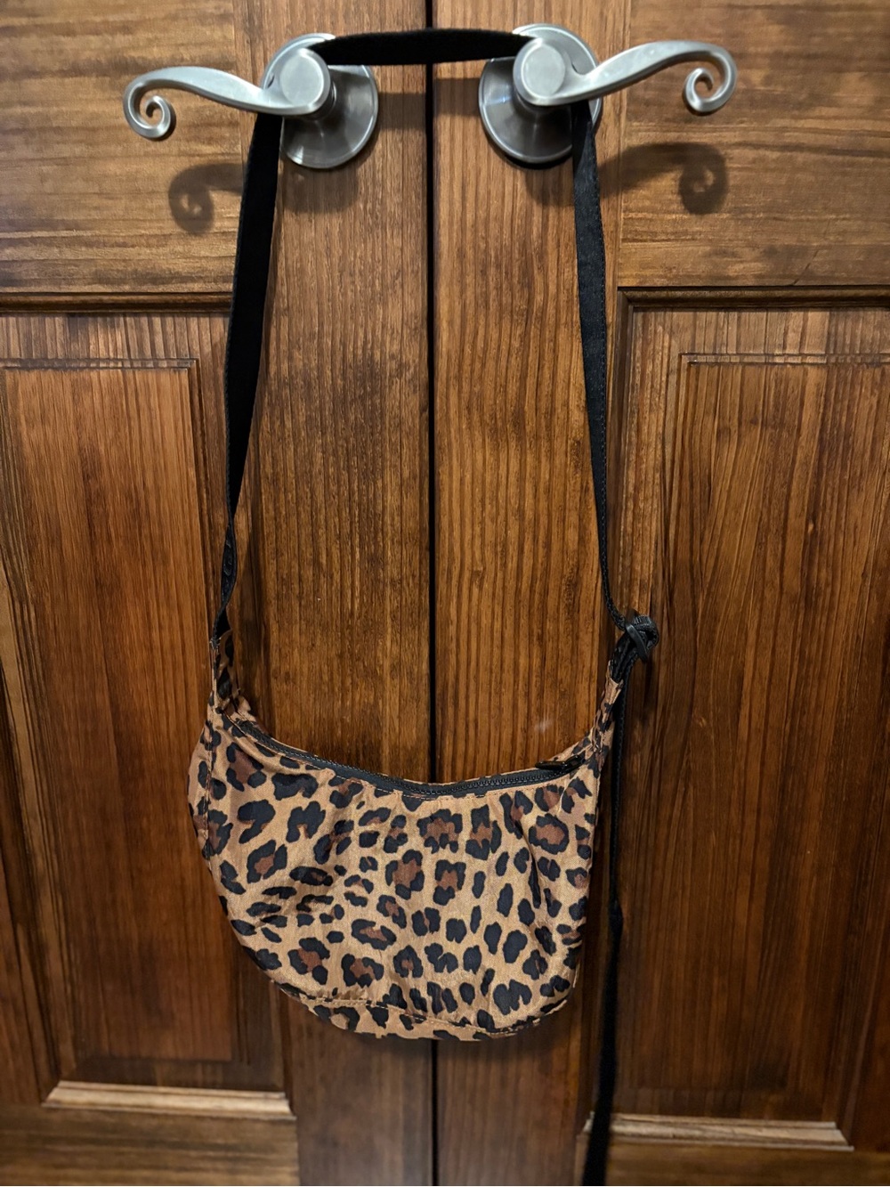 BAGGU Small Crescent Leopard Crossbody Bag - Black Strap